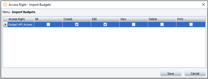 The "Access Rights" window, with the Create and Edit options ticked.