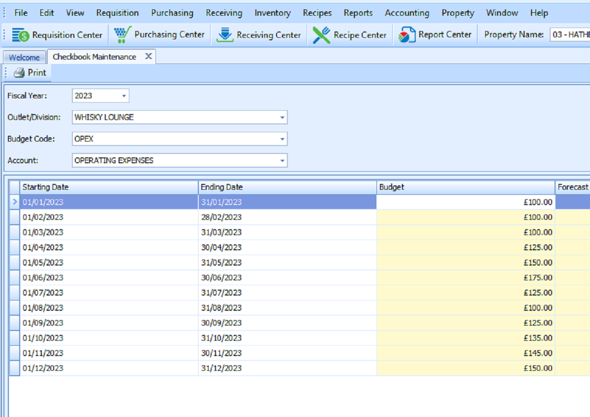 Screenshot of a Checkbook Maintenance table showing starting date, ending date and budget columns