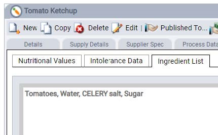 Screenshot showing the ingredient Tomato Ketchup, with the Ingredient List tab open. Four ingredients are in the list: “Tomatoes, Water, CELERY salt, Sugar”.